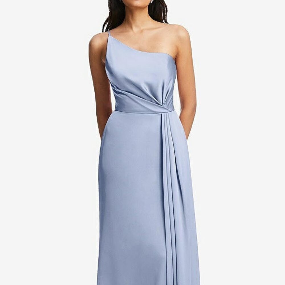 After Six 6878..One-Shoulder Draped Skirt Satin Trumpet Gown...Sky Blue..Sz 10